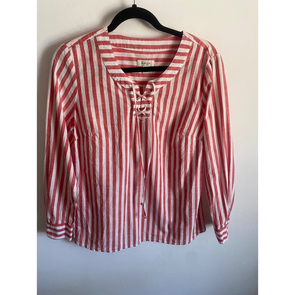 Style & Co Womens Red White Striped Lace Up Split Neck Cotton Blouse Medium